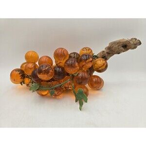 Vintage Amber Orange Lucite Grapes Driftwood Table Decor Large